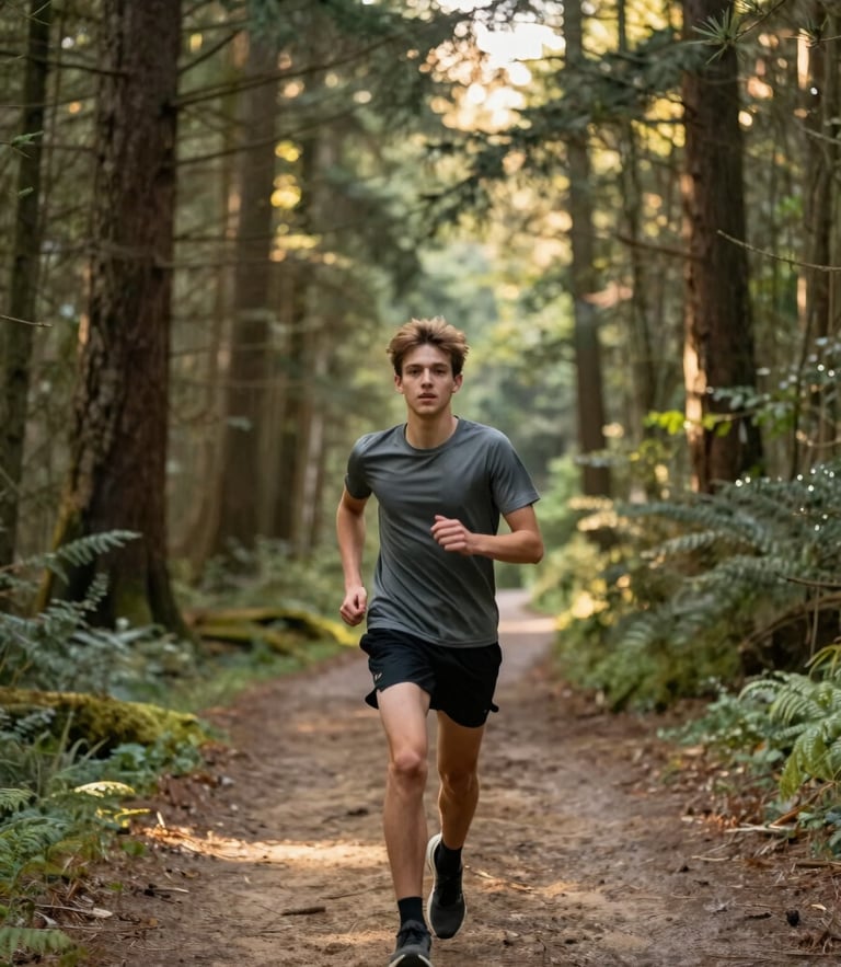 A young runner standing on a forest trail at golden hour, looking forward with determination, soft Pacific Northwest sunlight through tall pine trees, shallow depth of field.