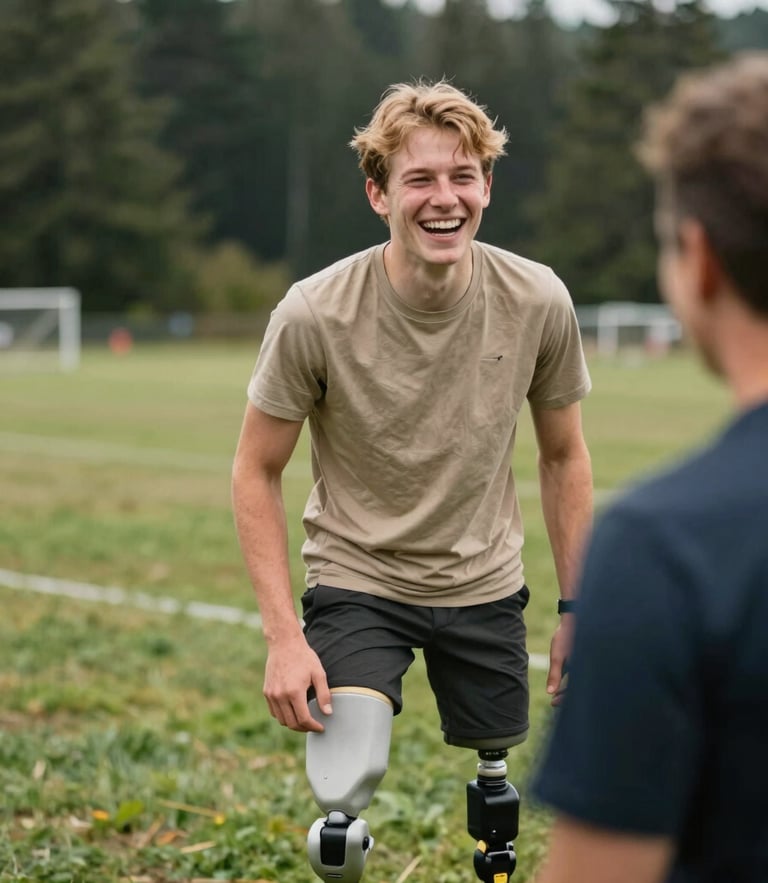 Intimate, candid medium close-up of a young adaptive athlete with a prosthetic leg laughing with a coach on a grassy outdoor field, soft overcast Pacific Northwest daylight, shallow depth of field.
