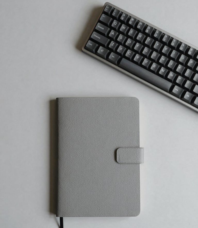 Overhead flat-lay of a curated minimalist desk setup, warm gray background, sleek mechanical keyboard, tactile notebook, soft diffused studio lighting.