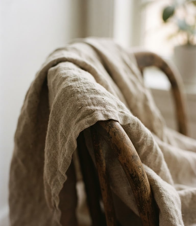 Close-up of textured linen cloth draped over a wooden chair in soft morning daylight, shallow depth of field, 35mm film aesthetic