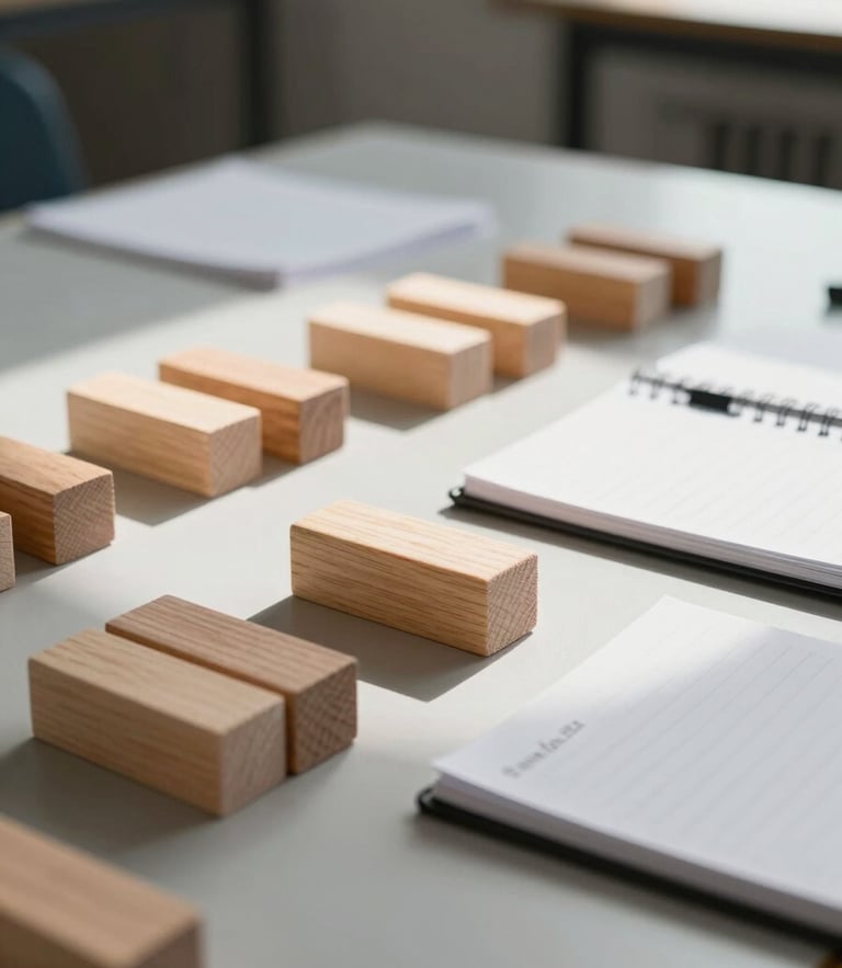 A close-up shot of a quiet, sunlit testing room with organized wooden blocks and a notebook on a clean table, natural light casting soft shadows