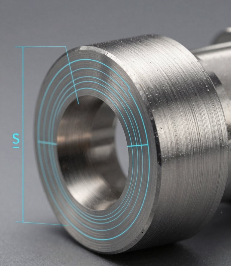 Macro studio shot of a high-precision machined titanium component with subtle CNC tool marks, overlaid with clean cyan CAD vector wireframe lines showing dimensional tolerances.