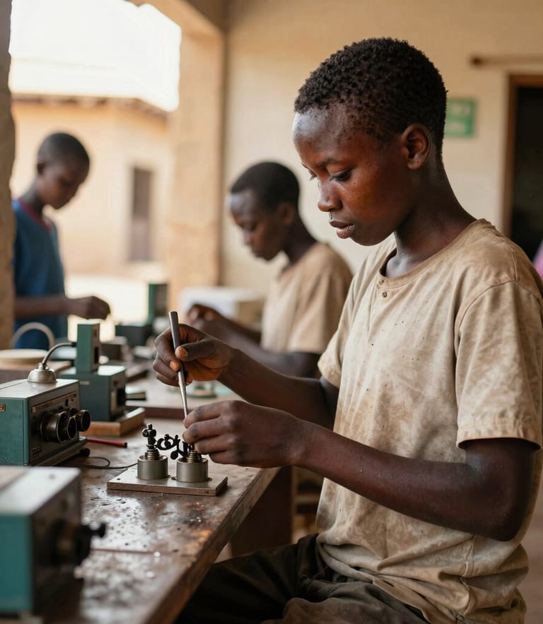 Warm documentary photography of a young Senegalese student working in a brightly lit electrical workshop, holding tools, natural Sahelian daylight, rich earth tones