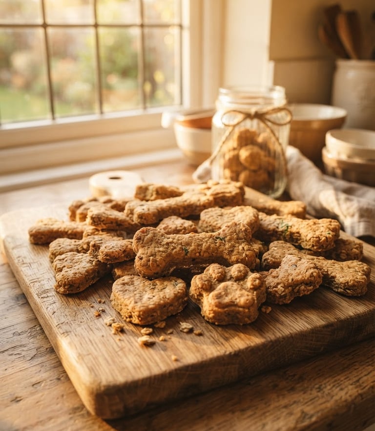 Close-up of freshly baked dog treats arranged on a rustic wooden board, warm golden-hour sunlight streaming through a kitchen window, shallow depth of field, warm editorial photography style