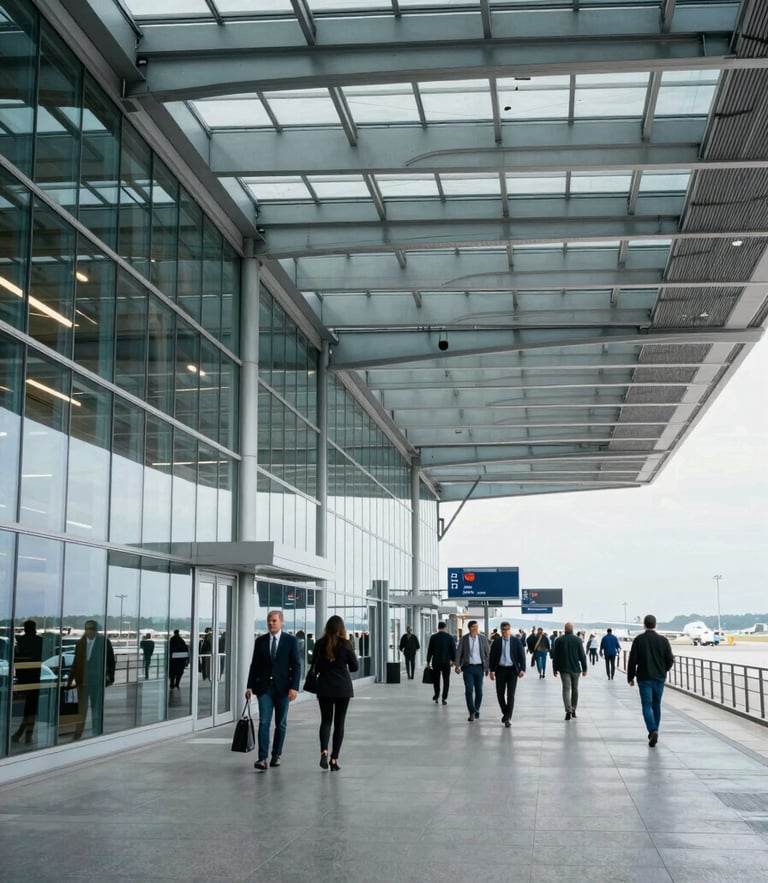 Vista panorámica de la terminal de un aeropuerto moderno con arquitectura de acero y cristal bajo luz natural fría, ejecutivos en tránsito difuminados al fondo, composición simétrica y limpia.