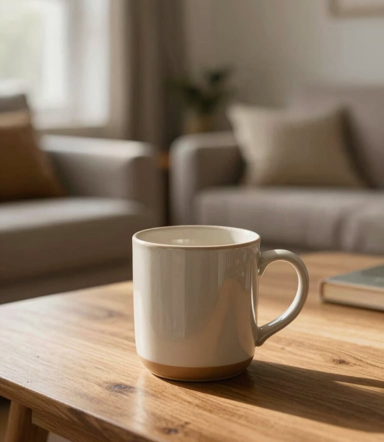 Soft morning light illuminating a comfortable, clean living room in Bacup, a warm ceramic mug on a wooden table, peaceful and safe atmosphere, close-up framing