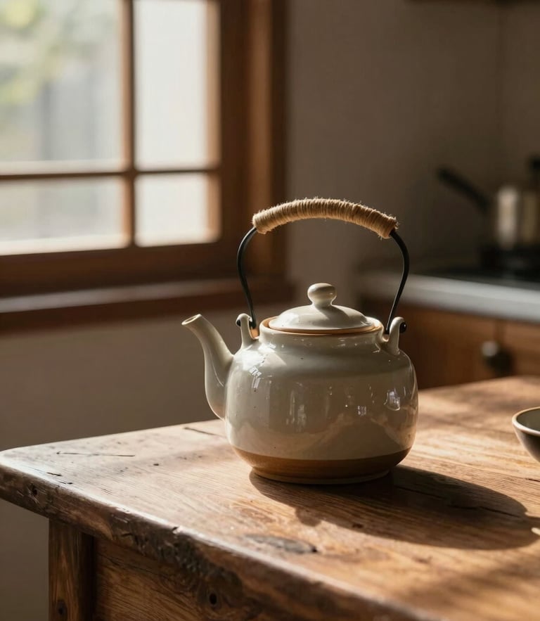 A warm, sunlit kitchen corner in a traditional home, a ceramic teapot resting on a rustic wooden table with soft morning light filtering through the window, creating a peaceful atmosphere.