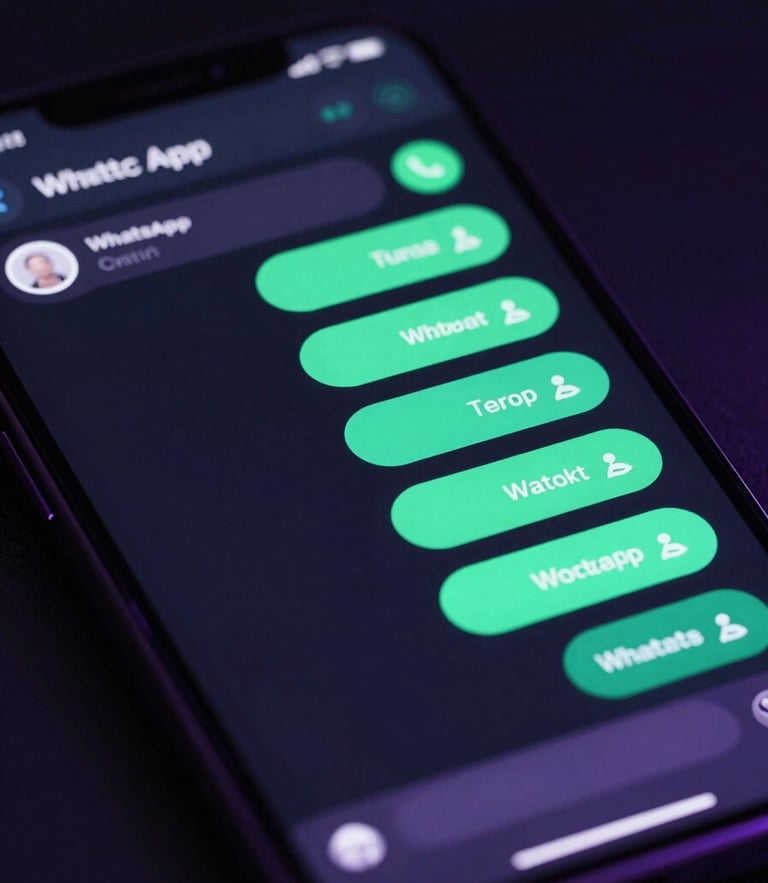 Macro close-up of a high-end smartphone screen displaying an active, automated WhatsApp chat flow with custom checkout buttons, dark tech aesthetic, neon cyan accents, dramatic low-key lighting.