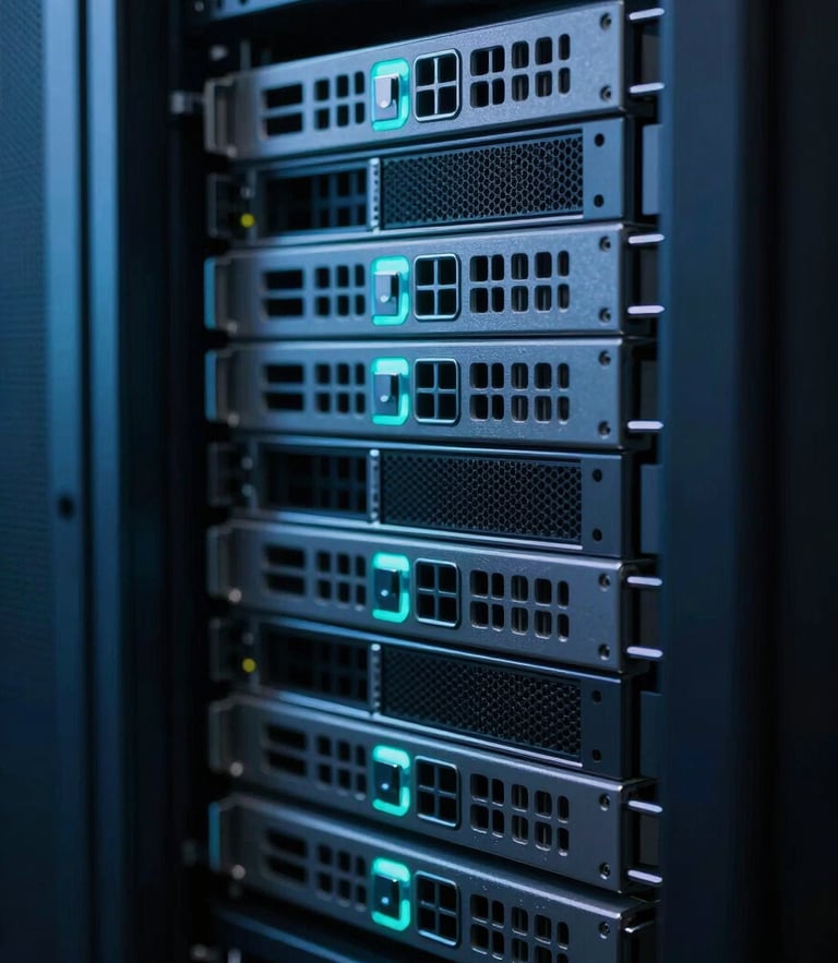Close-up macro shot of clean server arrays with sharp electric blue and teal ambient glows, cool moody studio lighting, 35mm