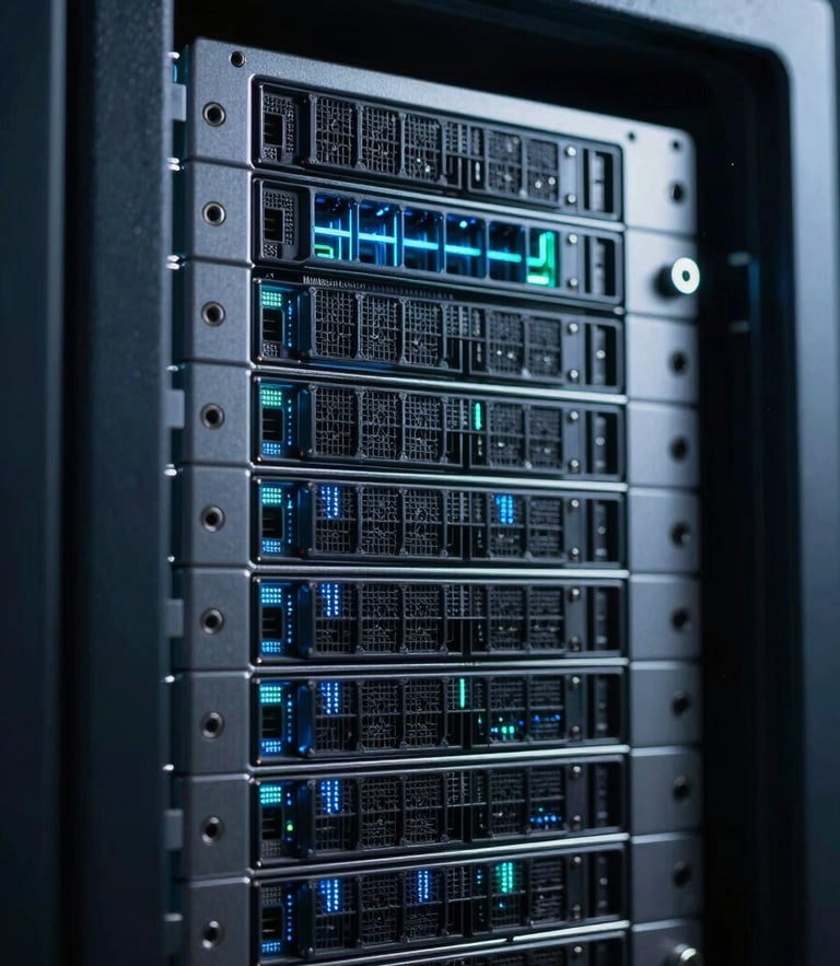 Macro shot of a high-performance server array with sharp electric blue and teal data-flow highlights, cool moody studio lighting, 35mm, sharp focus