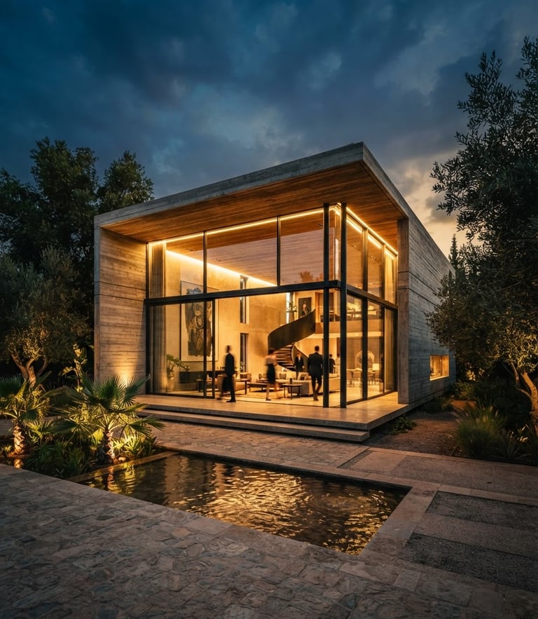 Cinematic architectural perspective of a modern concrete and glass pavilion at dusk, sharp golden hour illumination, high contrast, 35mm lens, deep rich tones, clean leading lines.