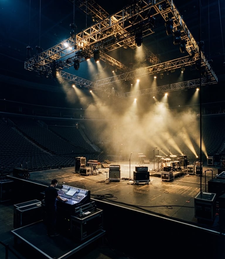 Dramatic wide-angle shot of an empty arena stage during soundcheck, massive overhead truss and lighting rig, golden stage beams cutting through haze, 35mm theatrical photography