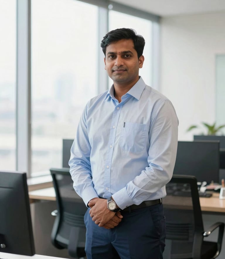 A professional Indian business owner standing in a modern corporate office in Mumbai, bright natural window light, authentic editorial style, 35mm lens