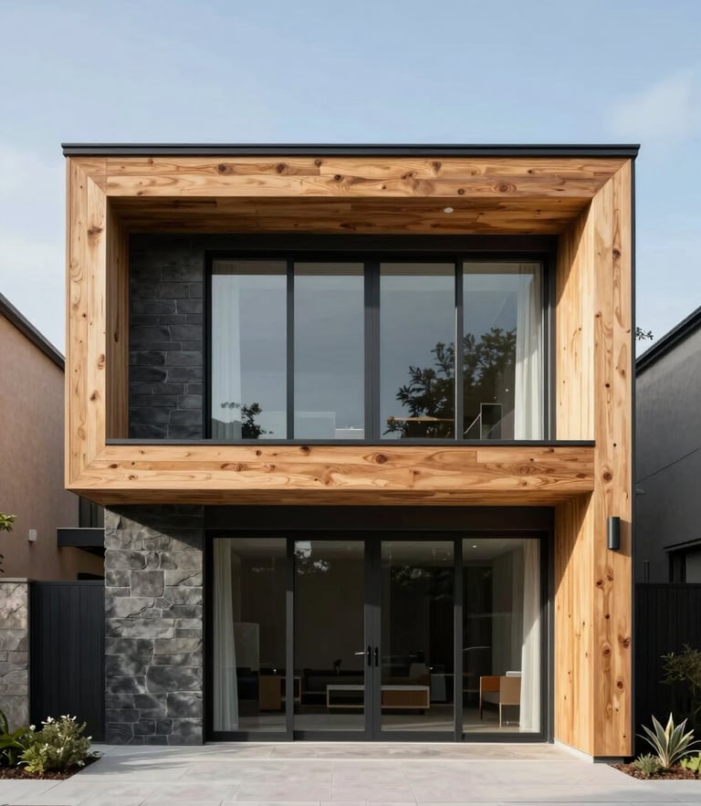 Straight-on architectural elevation of a modern home exterior, crisp daylight, clean lines, natural oak and slate materials visible.