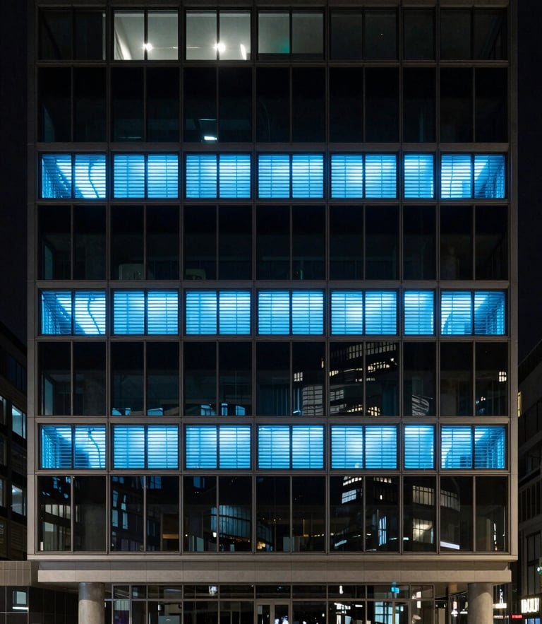 High-contrast architectural details of a modern London tech hub, low-key ambient light with sharp blue screen glows, highly structured Swiss grid composition