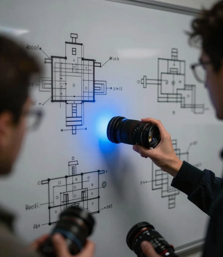 Moody technical photography, low-key ambient light, close-up of physical whiteboard with complex architecture diagrams, intense team collaboration, 35mm lens