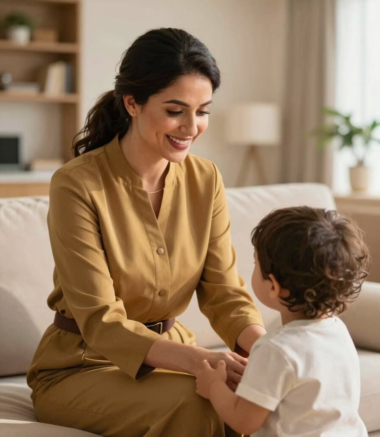 A warm professional portrait of a smiling female nanny in neat attire interacting gently with a young child in a beautifully lit, modern Bahraini living room, soft warm natural light, shallow depth of field, 35mm