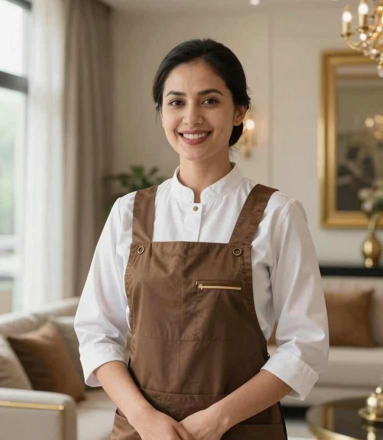 Professional portrait of a warm and smiling domestic helper in a clean, modern Bahraini home, soft natural light coming from a nearby window, elegant bronze and gold home decor details in the background, 35mm, high-end editorial photography.