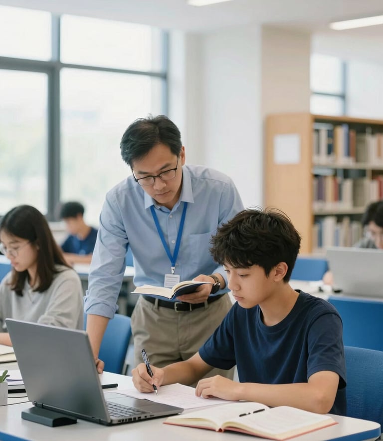 A focused student studying with a mentor in a bright, modern library setting with blue accents, natural daylight, 35mm photography.