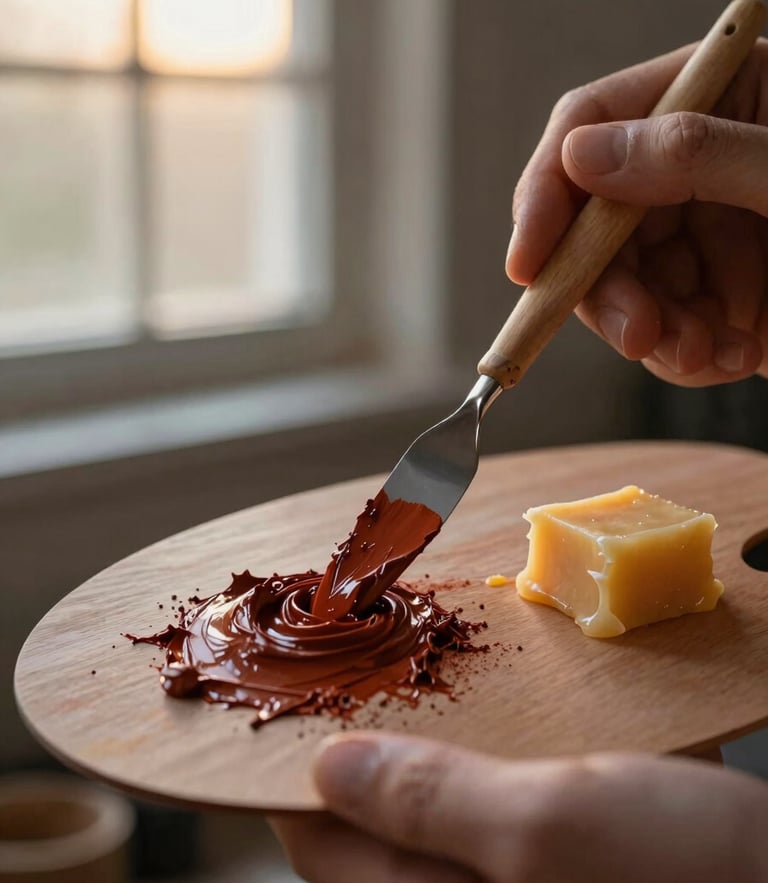 Macro close-up of an artist's hand holding a wooden palette knife, mixing raw sienna pigment and warm melted beeswax, soft side-lighting from a studio window.