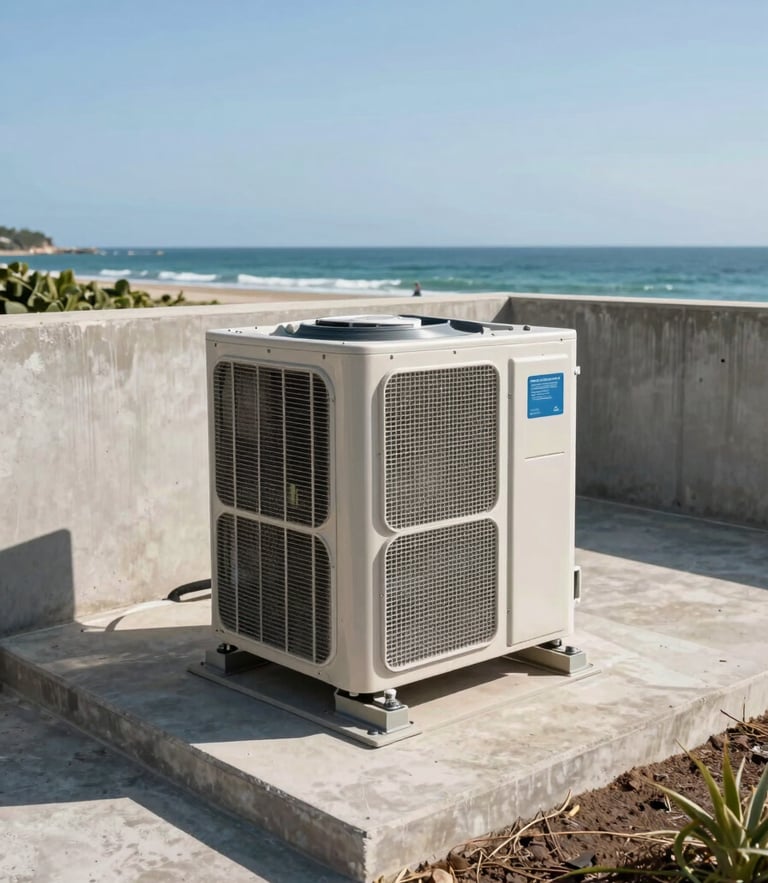 A wide-angle shot of a clean, completed coastal HVAC installation, with the condenser unit securely bolted to an elevated, hurricane-compliant concrete pad under bright, clear daylight.
