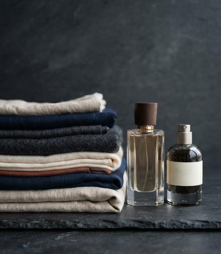 Clean studio shot of stacked high-quality textiles and elegant perfume bottles on a minimalist slate background, bright neutral daylight