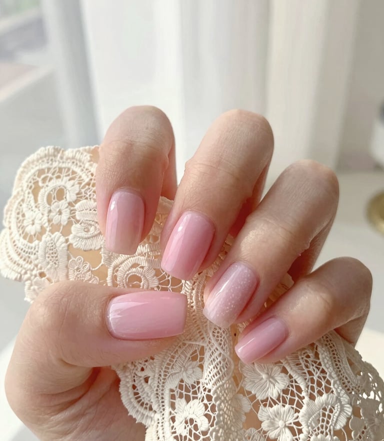 Close-up of hand-painted pastel pink press-on nails held against vintage cream lace, soft morning light, shallow depth of field