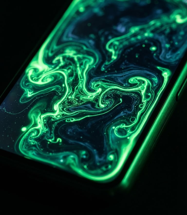 Moody tech photography, extreme macro close-up of a flagship Android device screen displaying a vibrant fluid animation, neon green edge light reflecting on dark glass and aluminum, 35mm lens.
