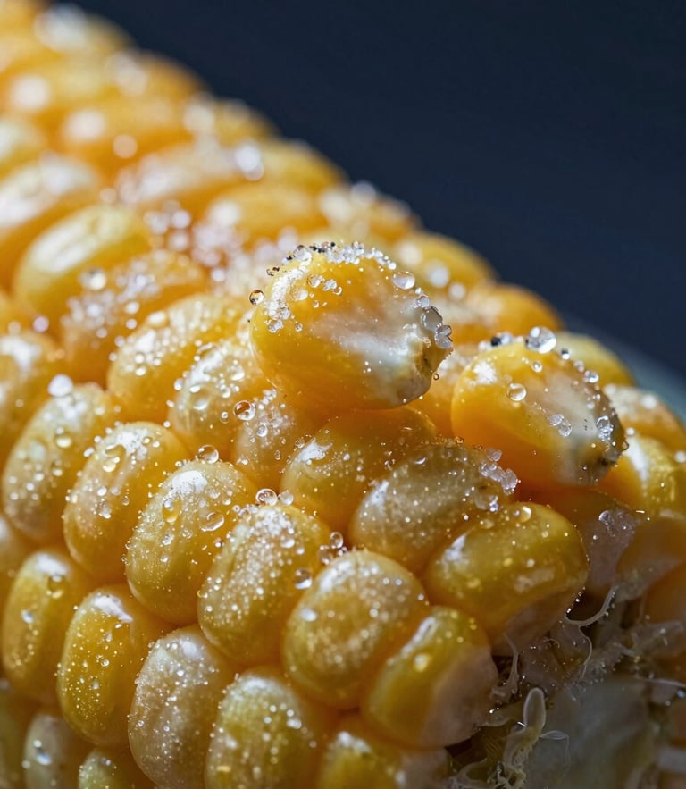 Macro close-up of individual quick frozen sweet corn kernels, glistening with frost crystals, dramatic side lighting against deep navy background