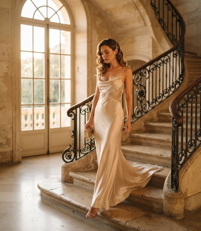 Elegant woman in a flowing champagne silk gown walking down a grand stone staircase, soft golden hour window light, warm editorial fashion photography, 35mm