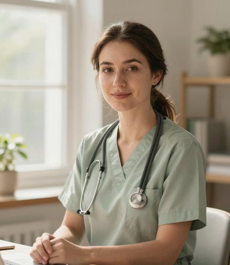 A professional environmental portrait of a female midwife in a warm, sunlit home office, soft natural window light, sage and beige tones, shallow depth of field, 35mm
