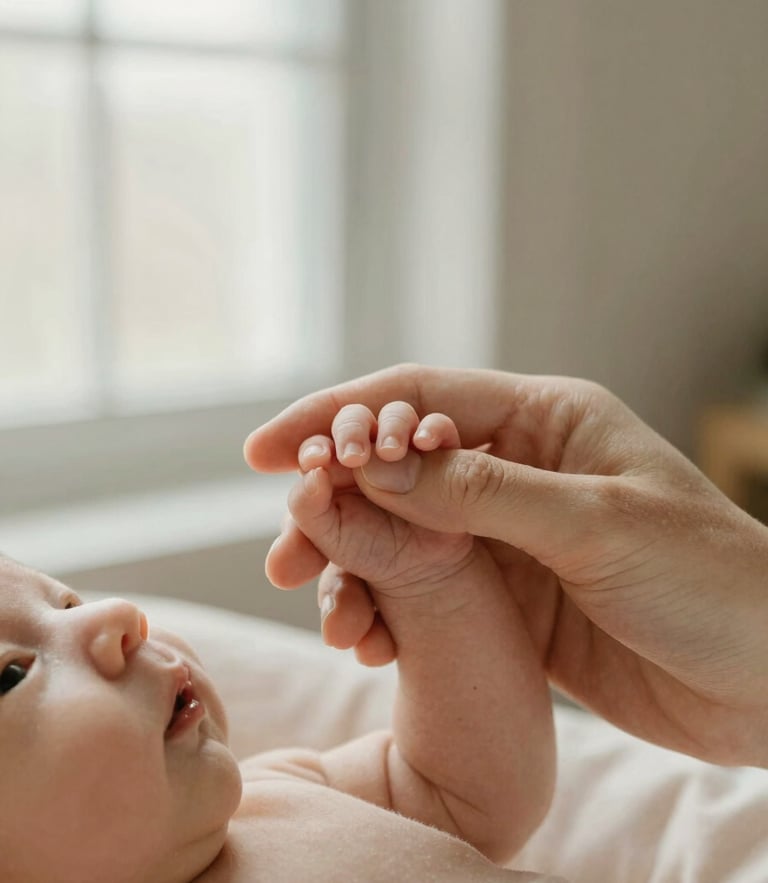 A close-up of a mother's hand gently cradling a newborn baby's tiny fingers, soft natural window light, warm beige tones, shallow depth of field