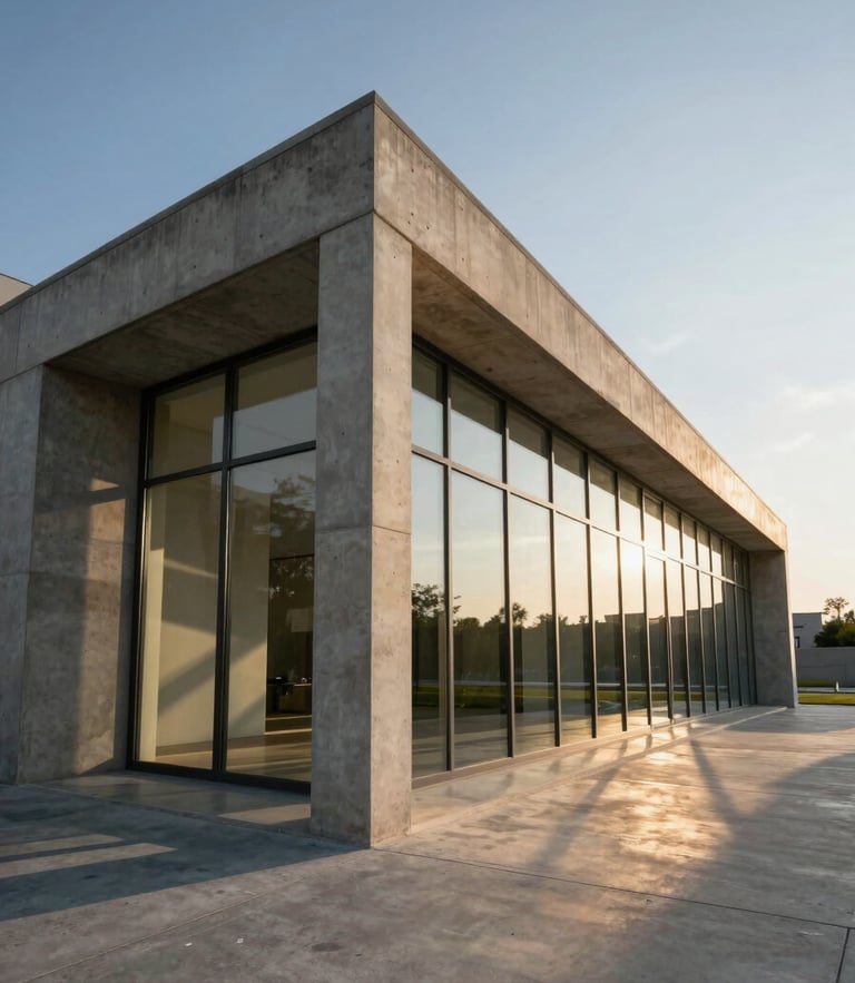 Low-angle one-point perspective of a concrete and glass pavilion at golden hour, sharp architectural lines, dramatic shadows, realistic physical materials.