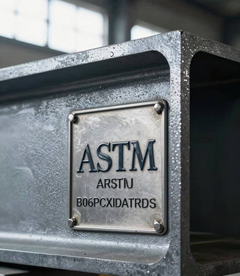 Macro close-up of a stamped ASTM certification plate on a finished structural steel beam, cool daylight filtering through factory windows, high contrast, industrial precision.