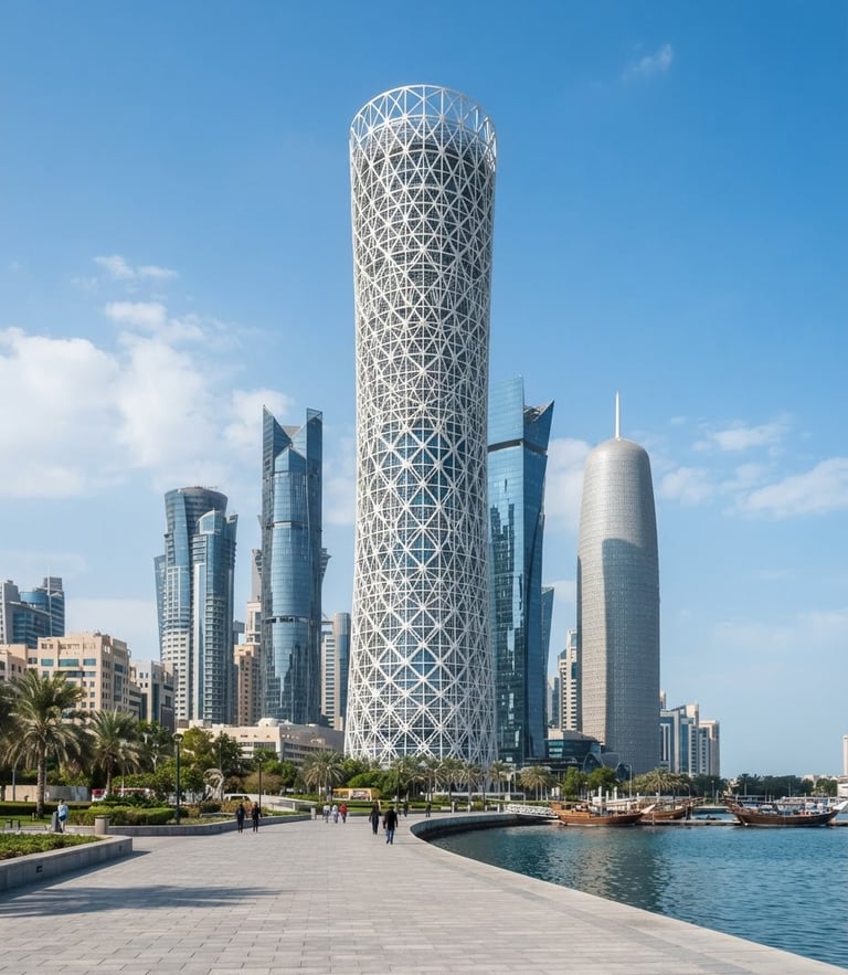 Wide-angle architectural photograph of a modern commercial high-rise in West Bay Doha, sharp focus, clean lines, bright natural Qatari daylight, 35mm lens