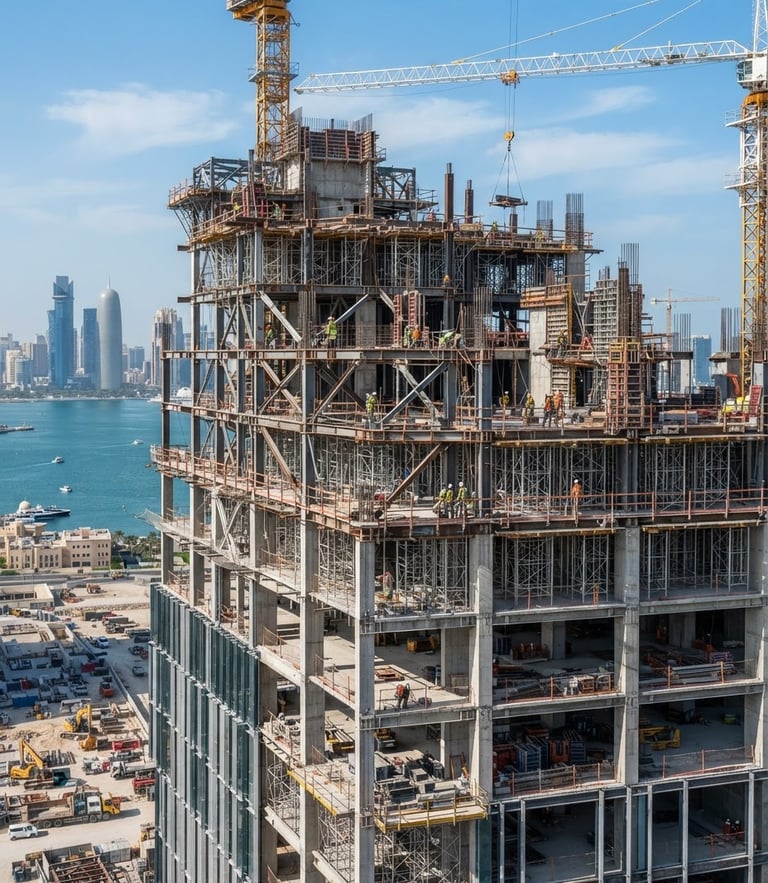 Architectural photography of a modern commercial high-rise building under construction in Doha, bright natural Qatari daylight, sharp focus on structural steel and concrete, 35mm lens