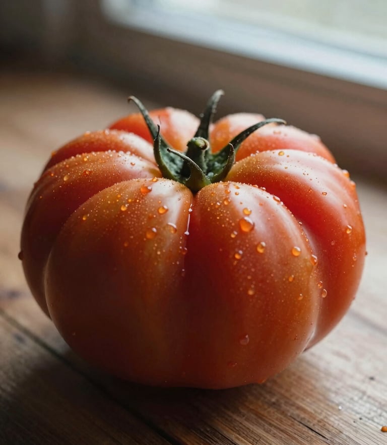 Tactile close-up of heirloom tomato textures resting on a rustic wooden surface, soft morning window light, earthy tones, 35mm photography