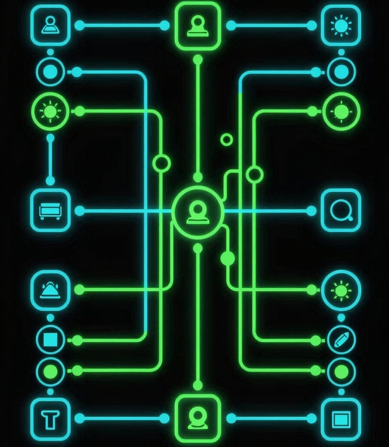 Symmetrical high-contrast vector diagram of data nodes and API endpoints on a black background, glowing cyan and toxic green lines, macro view, technical schematic.