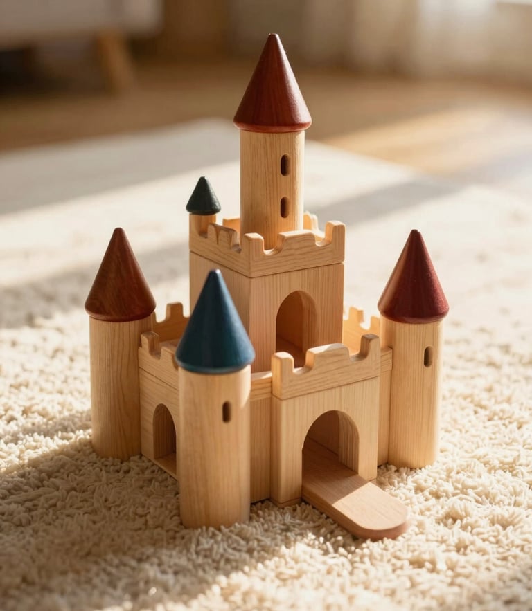 Warm golden-hour sunlight spilling over a beautifully arranged wooden castle toy on a soft cream rug, shallow depth of field, 35mm photography