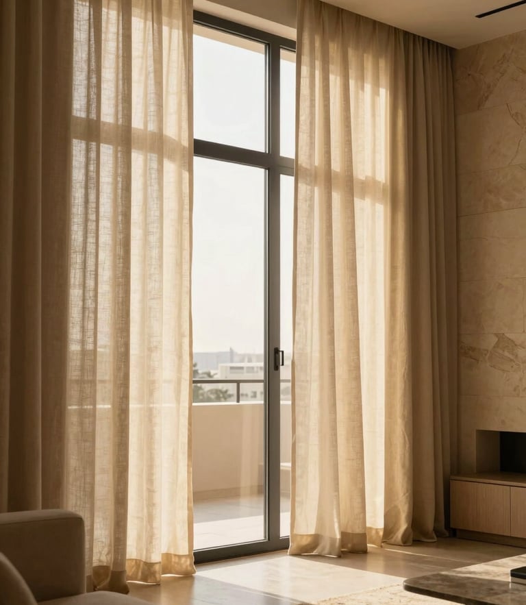 Warm architectural photography of a sun-drenched modern living room in Dubai, golden-hour window light casting soft shadows on linen curtains.