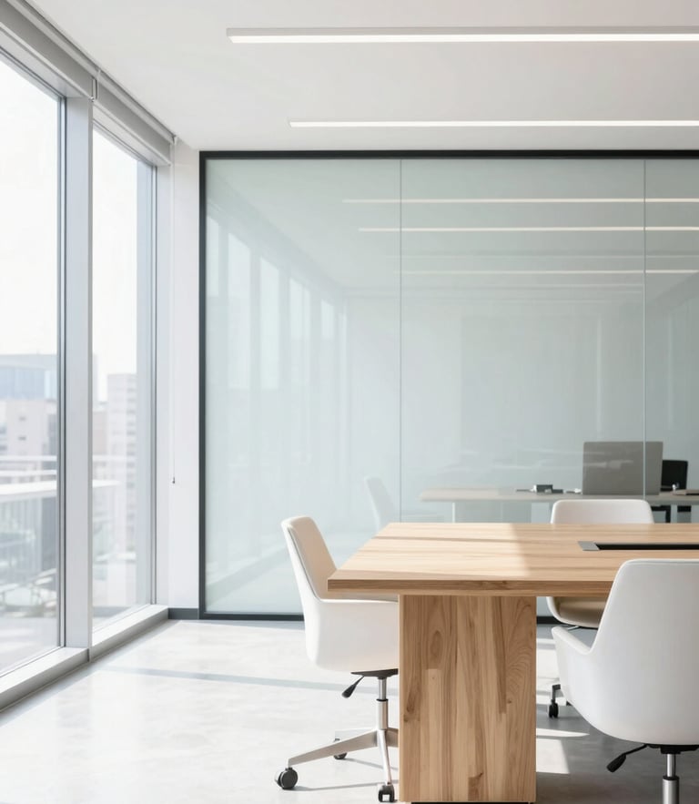 Bright, high-key daylight office interior, clean modern wood and glass meeting room, minimalist composition, sharp focus
