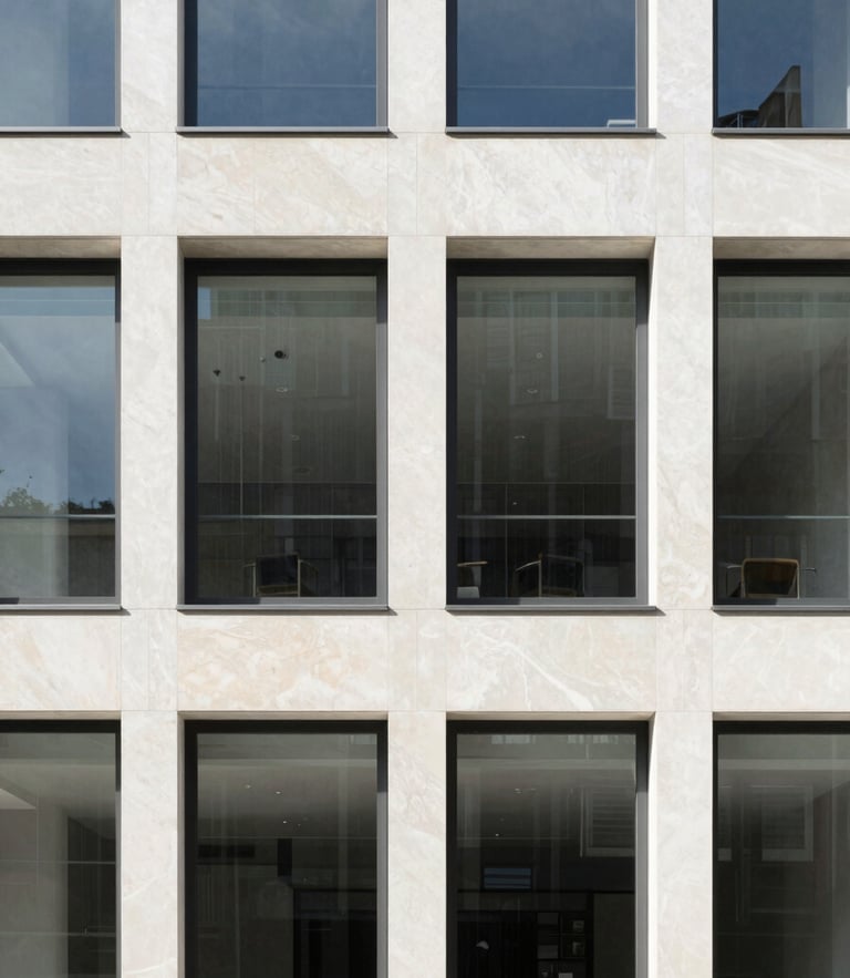 Bright natural daylight hitting a modern limestone building facade with clean architectural lines, sharp focus, minimalist composition, 35mm lens