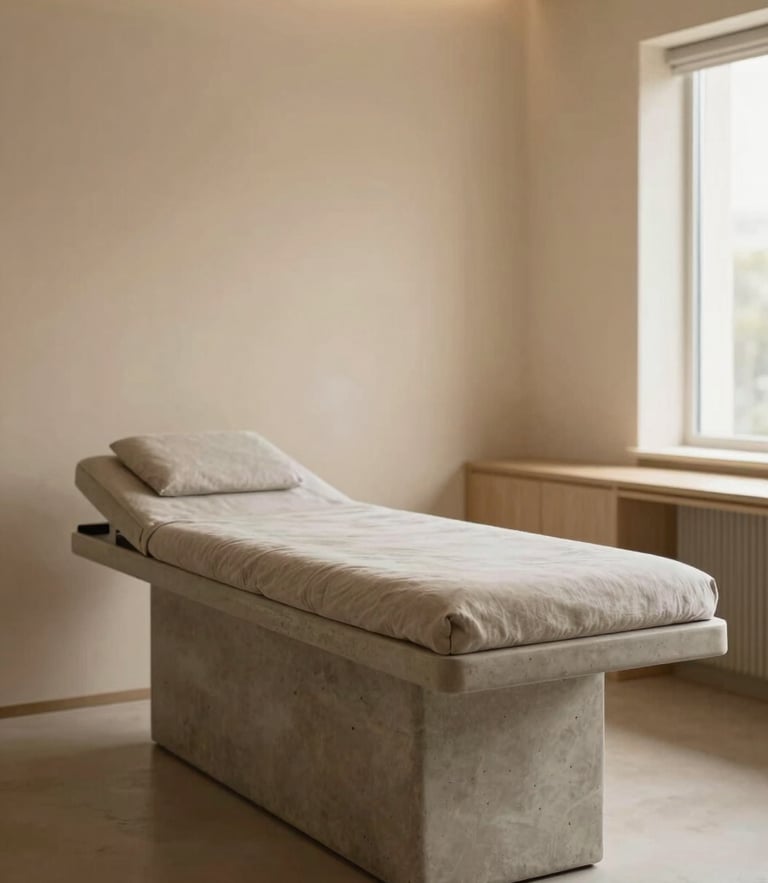 Warm editorial photography of a serene minimalist clinic interior with warm concrete and soft linen, soft diffused daylight, muted sand and warm gray tones, shallow depth of field, 35mm
