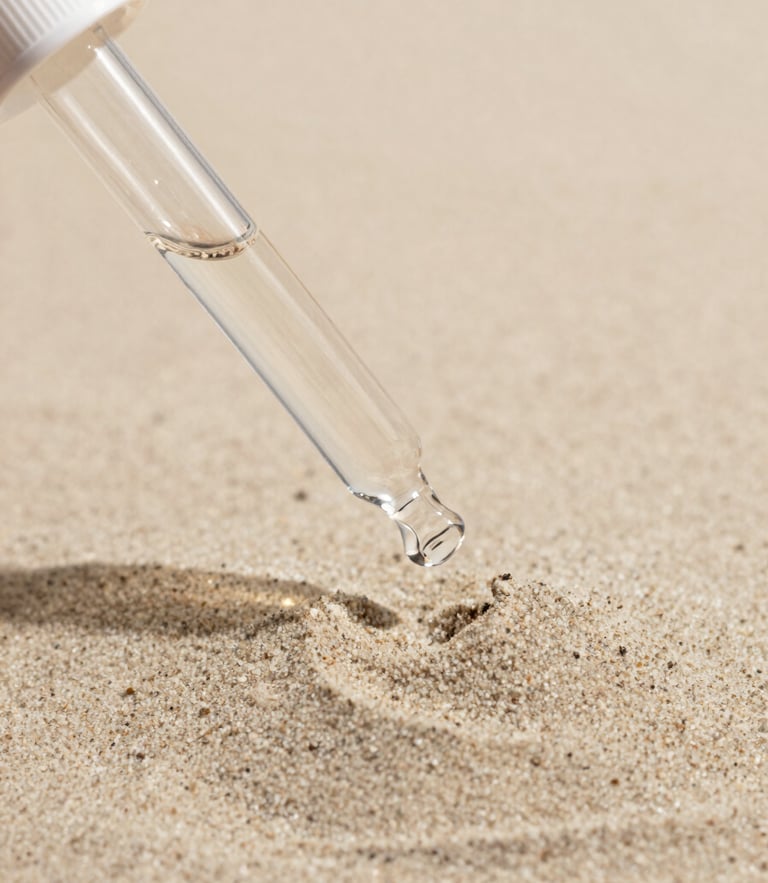 Macro photograph of soft warm sand texture with gentle shadows, light-colored clinical glass dropper reflecting soft daylight, minimalist and clean