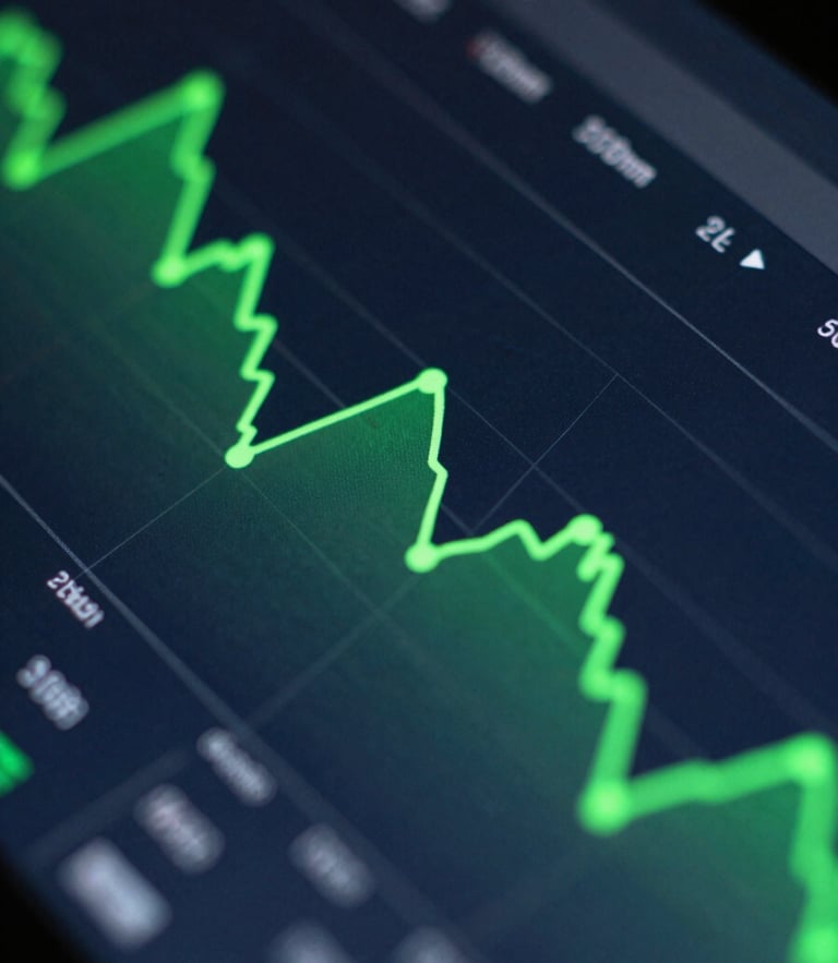 Macro close-up of a high-contrast digital analytics dashboard with neon green line graphs on a deep slate screen, sharp focus, 35mm