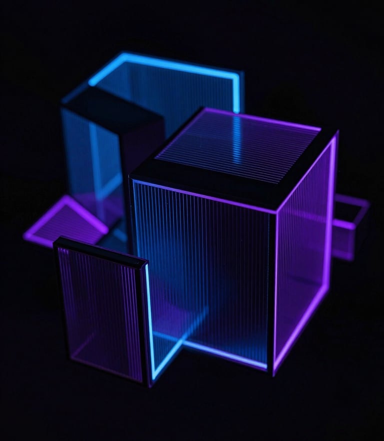 Dark low-key photography of abstract 3D geometric structures representing data flows, neon blue and violet accent lighting, high-contrast tech aesthetic, sharp focus