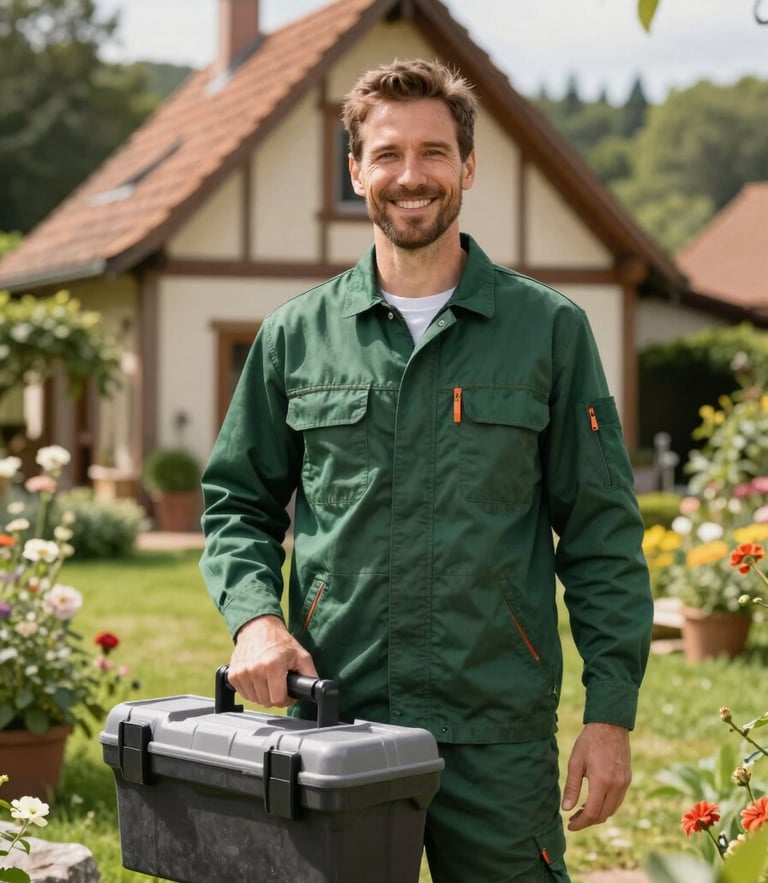 A friendly professional handyman in a dark forest green work shirt standing outside a charming Central European / French house in the Meys countryside. He is smiling warmly, holding a clean toolbox, with a sunny garden in the background.