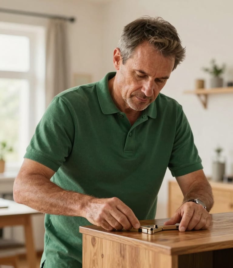 A professional handyman in his 40s from Central Europe / France, wearing a forest green polo, carefully repairing a wooden cabinet in a bright, warm domestic interior with soft afternoon light.