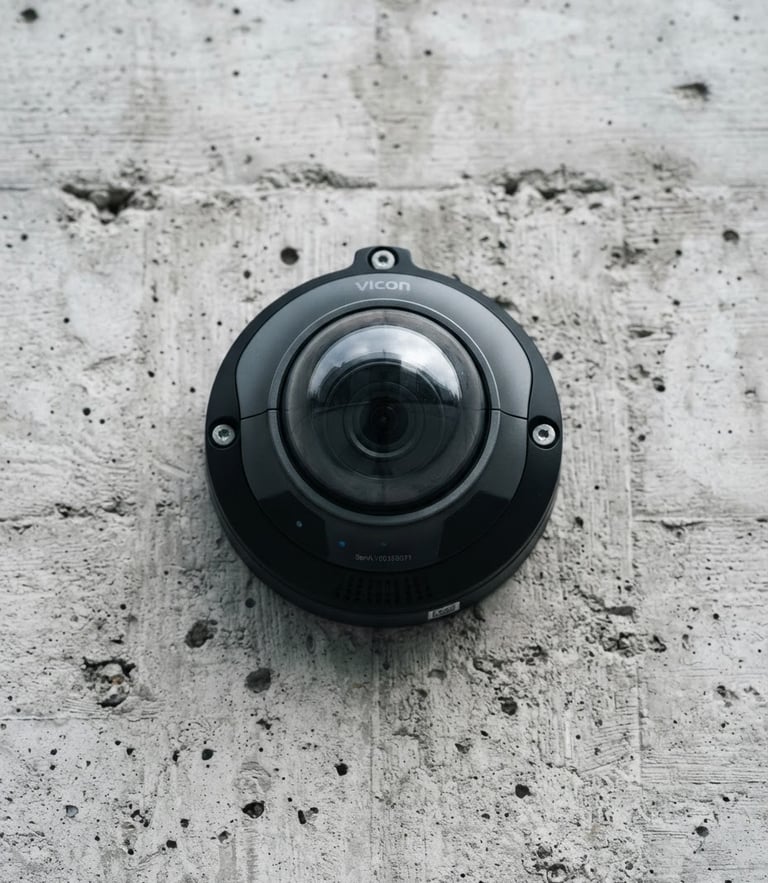 Macro shot of a pristine dome camera mounted on a clean architectural concrete surface, cool daylight, sharp focus, 35mm