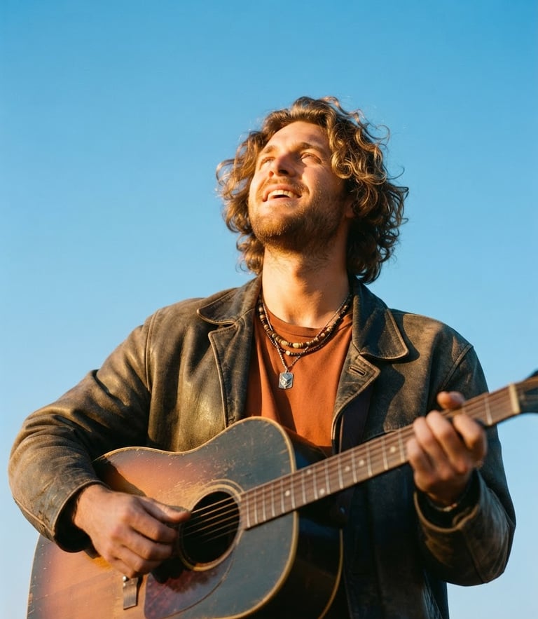Low angle portrait of a musician looking upward into warm golden-hour sunlight, clear sky background, 35mm film look